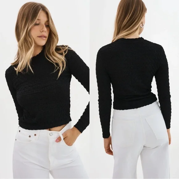 LAMARQUE • Nandra Top black textured tee long sleeve scoop neck cropped tight - Picture 11 of 11